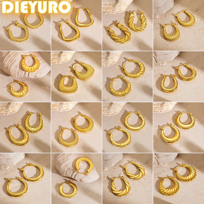 304 Stainless Steel Golden Half Round Hollow Pattern Earrings For Women New Fashion Ear Studs Jewelry Glamorous