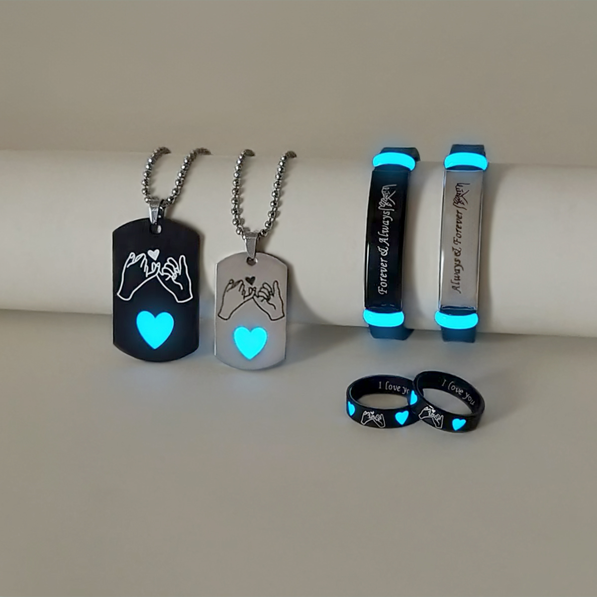 6 Pieces Luminous Love Heart Stainless Steel Couple Jewelry Set - Necklace Bracelet Ring Fashionable Ladies Love Promise