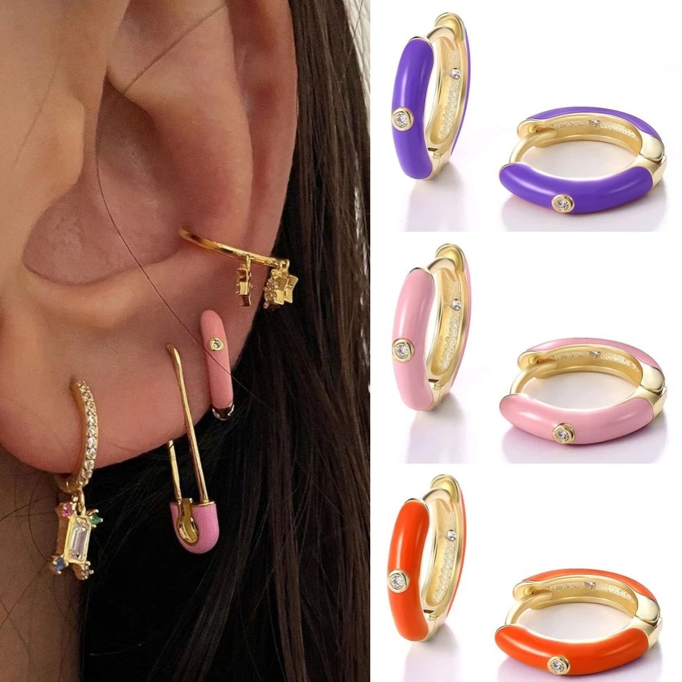 Vintage Colorful Enamel Huggies Hoop Earrings for Women Girls Cute CZ Crystal Gold Color Round Circle Tiny Cartilage Ear Buckles