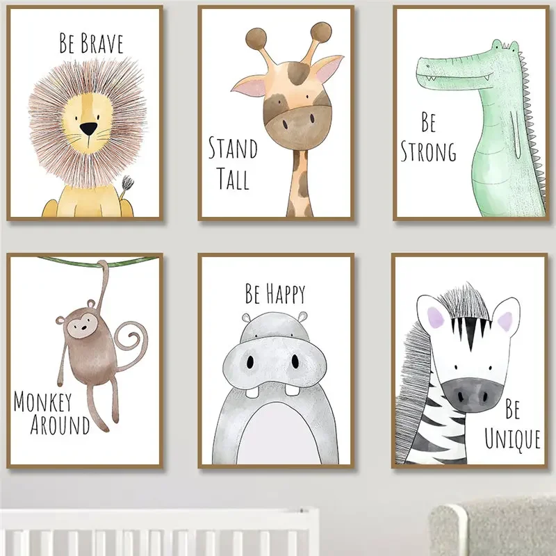 Nursery Wall Art Cute Cartoon Animal Posters with Inspirational Quotes Giraffe Lion Be Brave Canvas Prints for Baby Kids Room