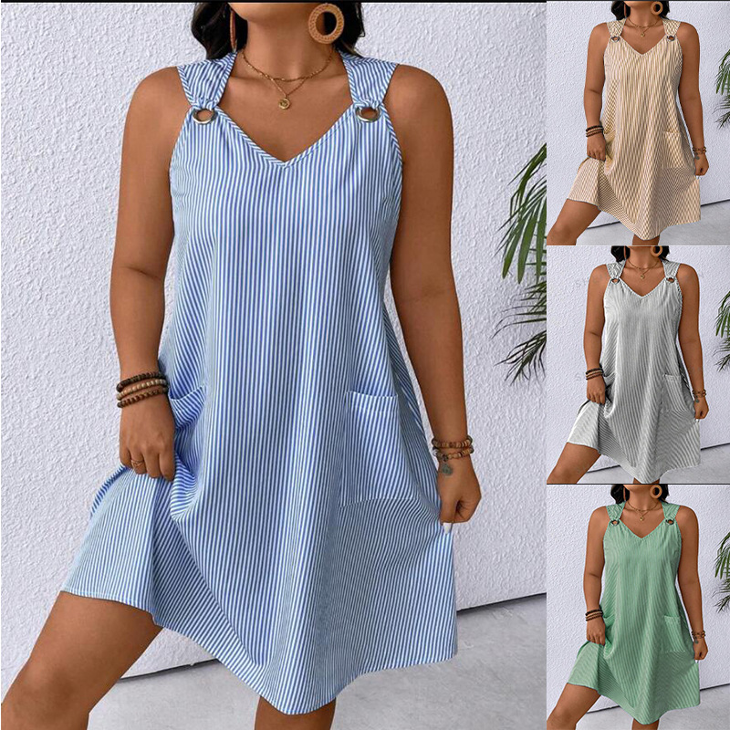 2024 autumn and winter Europe and the United States and the United States cross-border new round neck pockets striped back dress