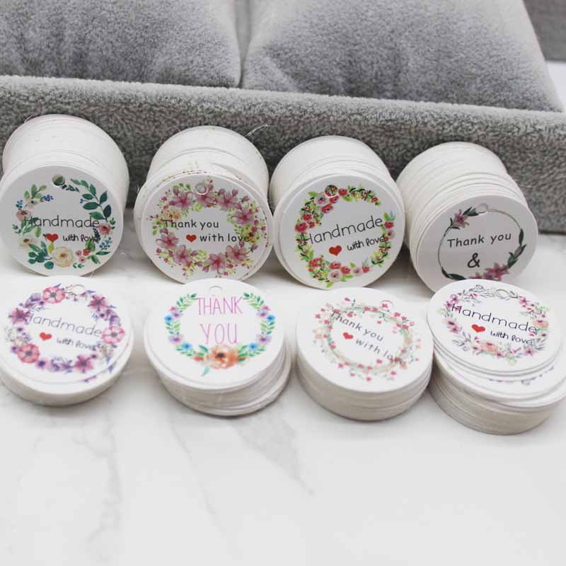 100Pcs Handmade with love /Thank You Flower DIY White Tags Wedding candy Wrapping Paper Hang Paper Tags cookies Supplies