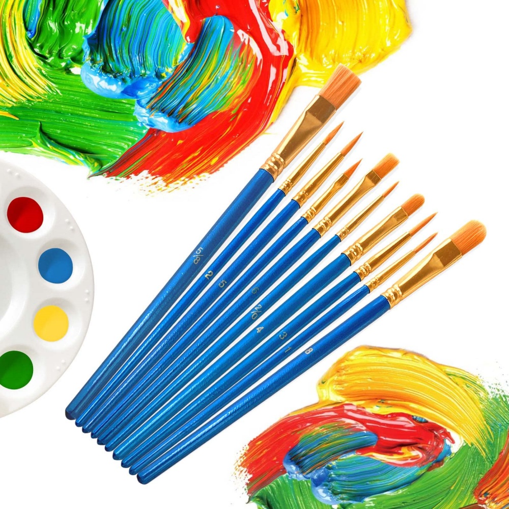 10Pcs Multicolor Paint Brush Set, Nylon Hair Artist Brushes for Oil Watercolor Acrylic, Canvas Rock Nail Art Painting Great