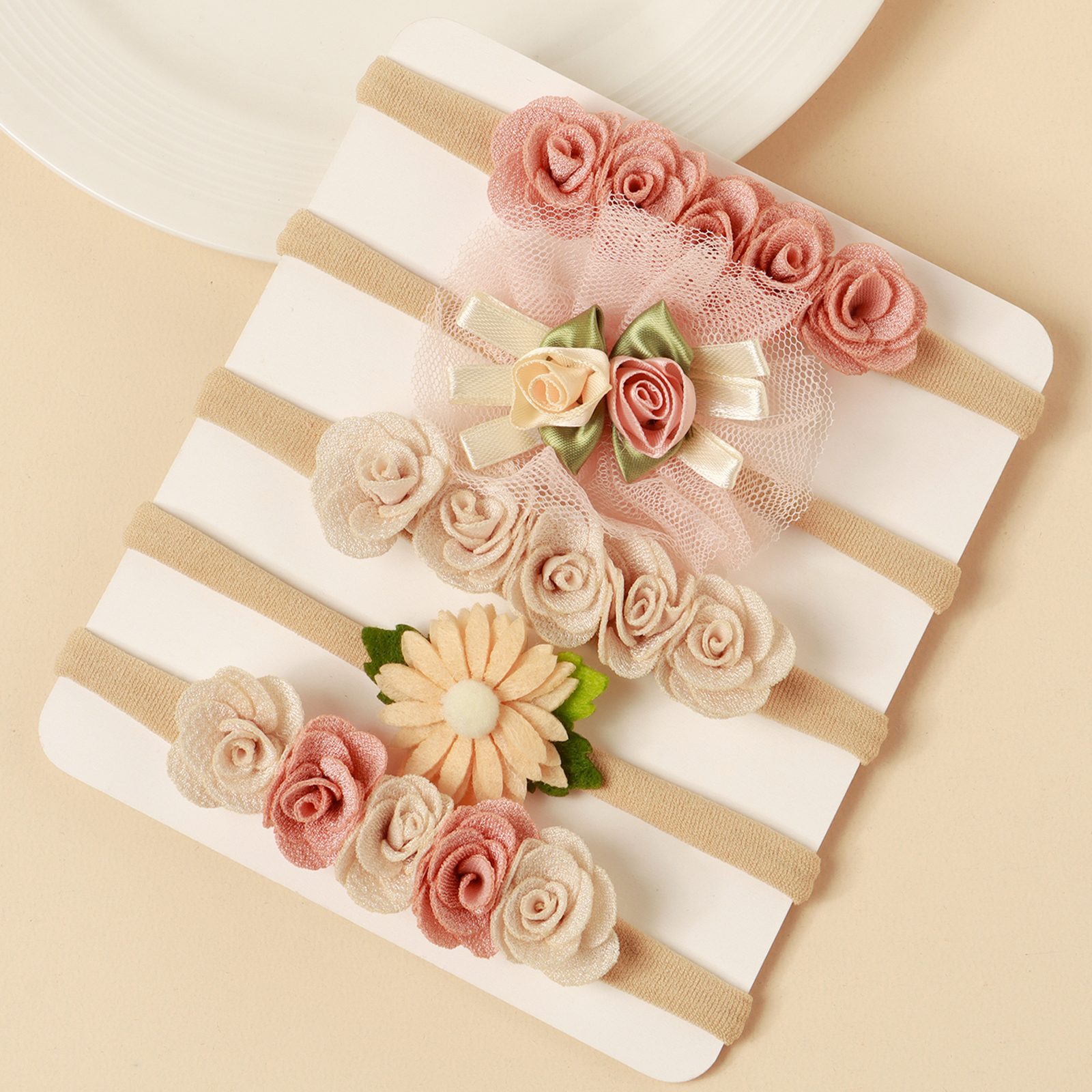 5pcs Pink Lace Simulation Flowers Hair Accessories For Newborn Girl Splicing Floral Headband Baby Photograph Decor Cute Hairband