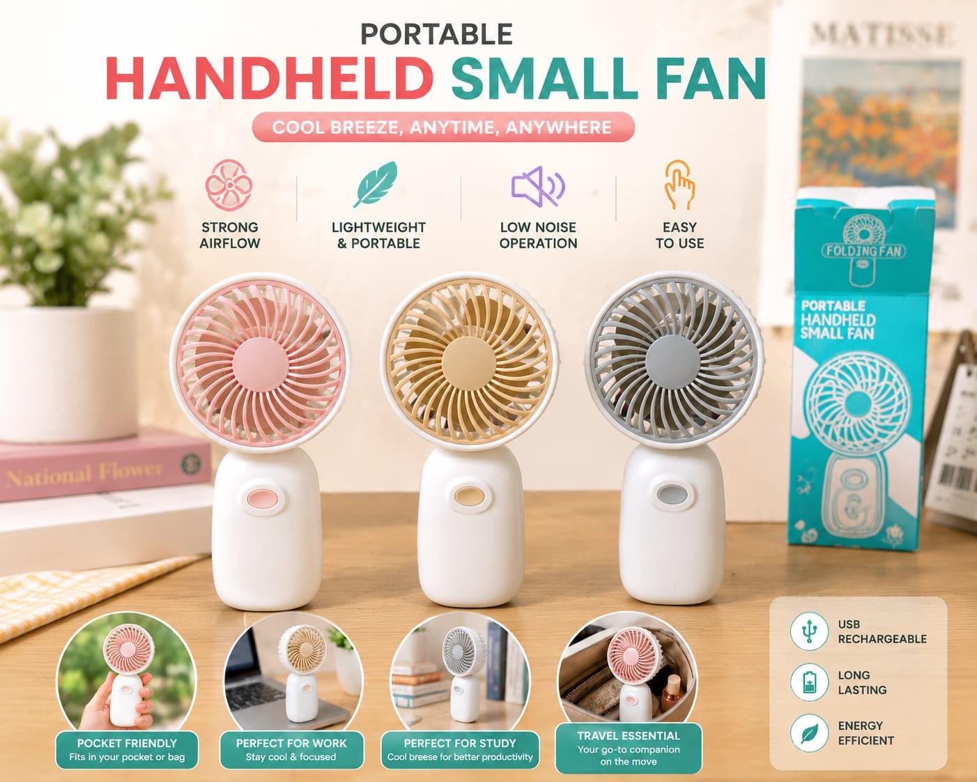 Flower USB Rechargeable Handheld Mini Fan with Built-in Light - Portable 3-Speed Outdoor Personal Cooling Fan (Green)
