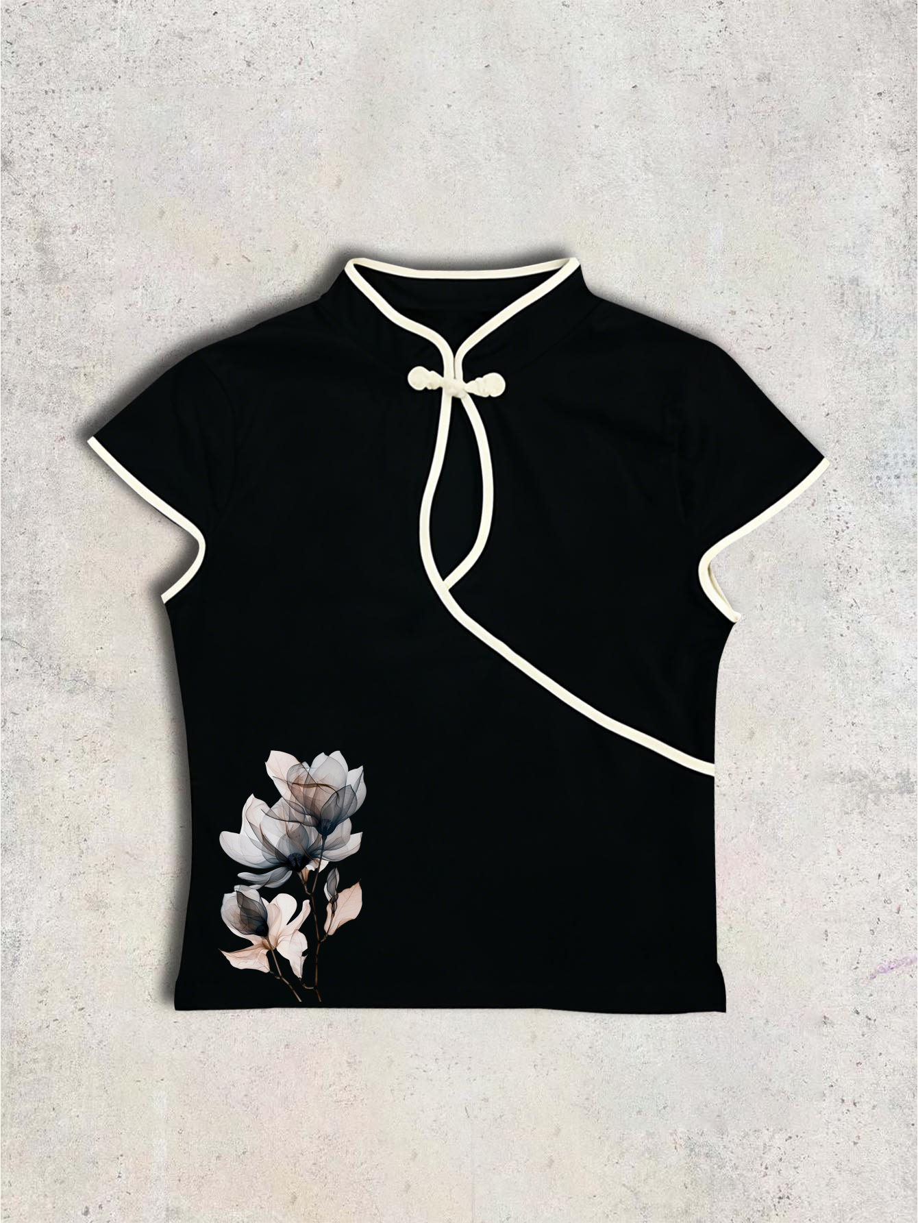 Chinese Style Qipao Blouse Women Black Lotus Print Frog Button Contrast Trim Slim Fit Top 2026