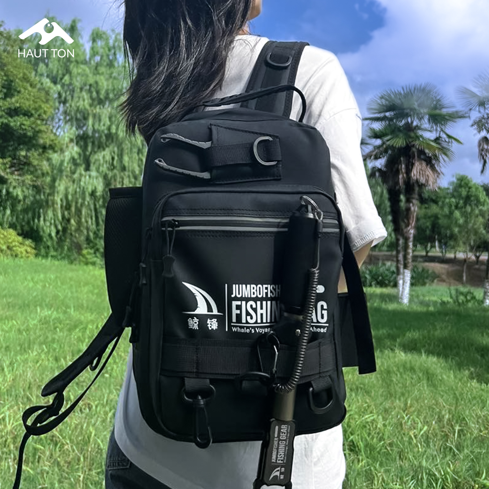 HAUT TON Black Fishing Tackle Backpack With Rod Holder Reel Lure Hook Storage Pack Large Capacity Light Portable Outdoor Bag