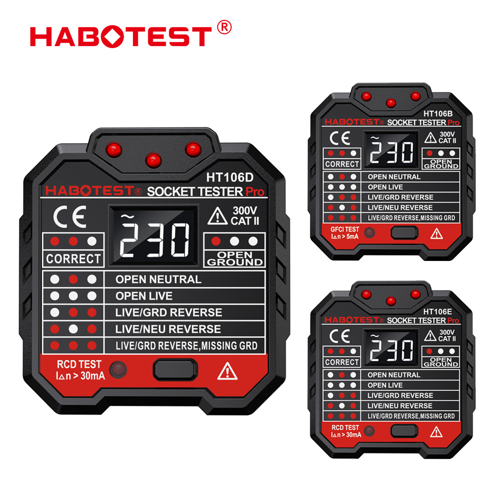 HABOTEST HT106 Digital Socket Tester Pro Voltage 30mA RCD Test Smart Detector EU US UK Plug Ground Zero Line Polarity Phase