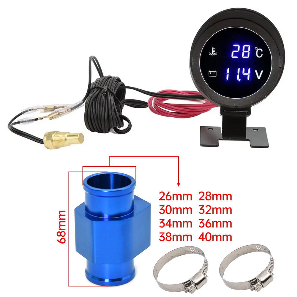 2-in-1 Car Digital Water Temperature Gauge & Voltmeter - Round LED Digital Display with Sensor, Aluminum Alloy 3-Way Connector