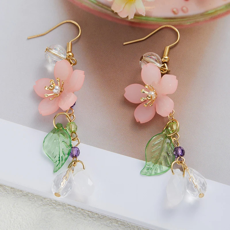 Sweet Romantic Pink Flower Leaves Earrings Women's Long Tassel Drop Earrings Elegant Holiday Party Gift Accessories