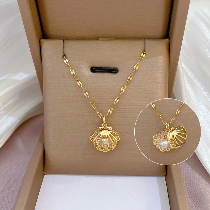 Fashion Luxury Full Diamond Micro-Set Zircon Hollow Shell Pearl Necklace for Women Stainless Steel Clavicle Chain Accessory