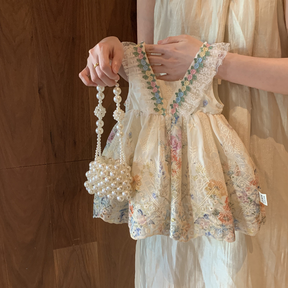 Fashion 2-7 Years Girl Print Lace Sleeveless Vest Princess Dresses Summer Beige Flower Kids Casual Clothes Korean Version