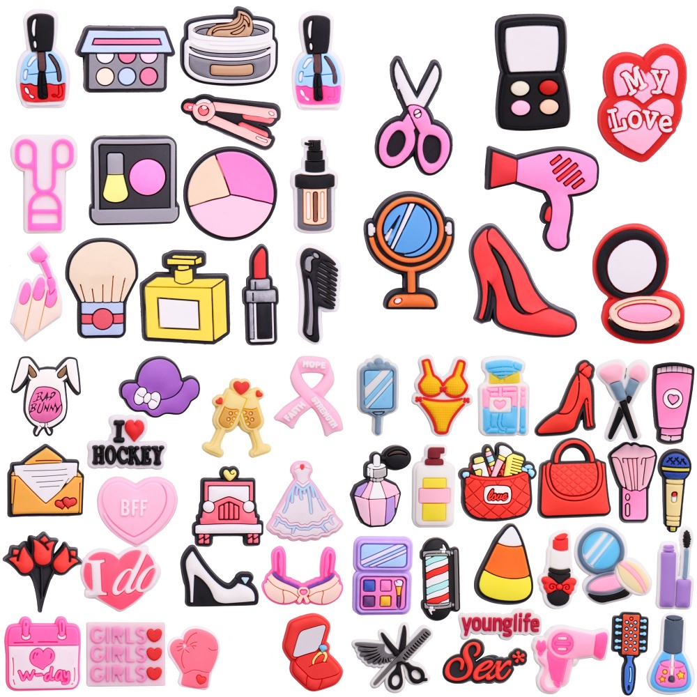 7-24pcs Pink Makeup Nail Polish Hairdryer Perfume Mirror Lipstick PVC Shoe Charms Decoration Sandals Accessories Girl Gift