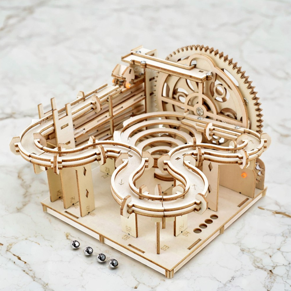 3D Wooden Puzzle DIY Building Kits Mechanical Model Marble Run Set with 4 Balls Creative STEM Toys for Adults Teen Birthday
