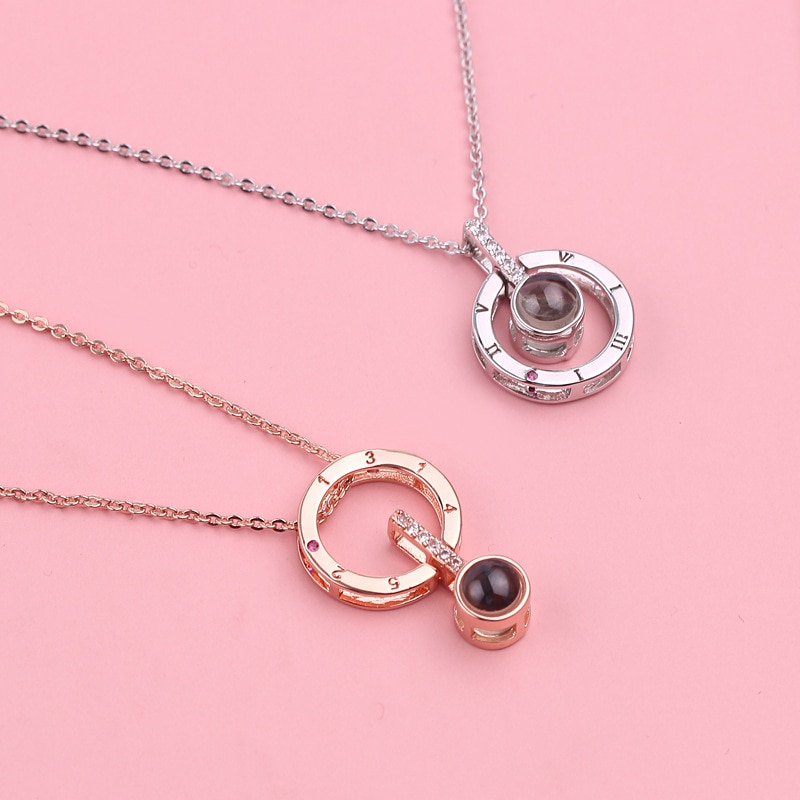 2pcs Gold-color Plus Silver-plated Necklace Men And Women Couples Souvenir 100 Languages I Love You Memory Projection Pendant