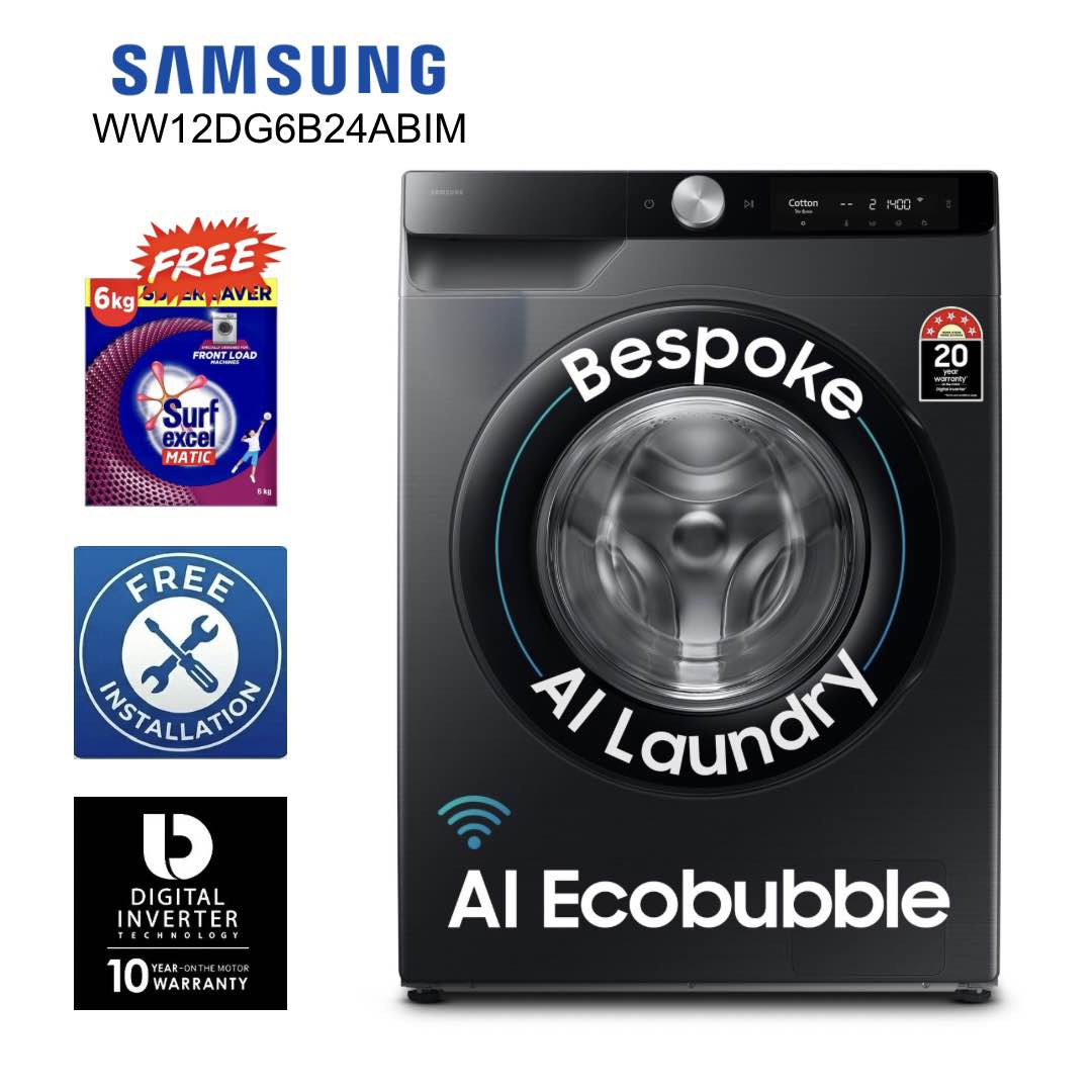 SAMSUNG 12 Kg WW12DG6B24ABIM Digital Inverter Washing Machine With AI Control WiFi Embedded & Smart Thing Connectivity