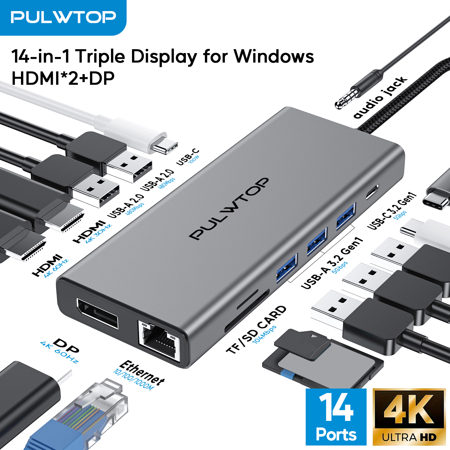 PULWTOP 14 in 1 Docking Station Dual Monitor with Dual HDMI+DP+Ethernet+SD/TF+USB C Port+Audio+PD for MacBook, ,