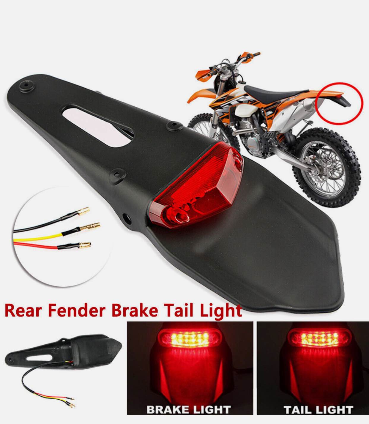 Rear Fender LED Brake Red Tail Light Lamp with Bracket for Off-Road Motorcycle Motocross Dirt Bike