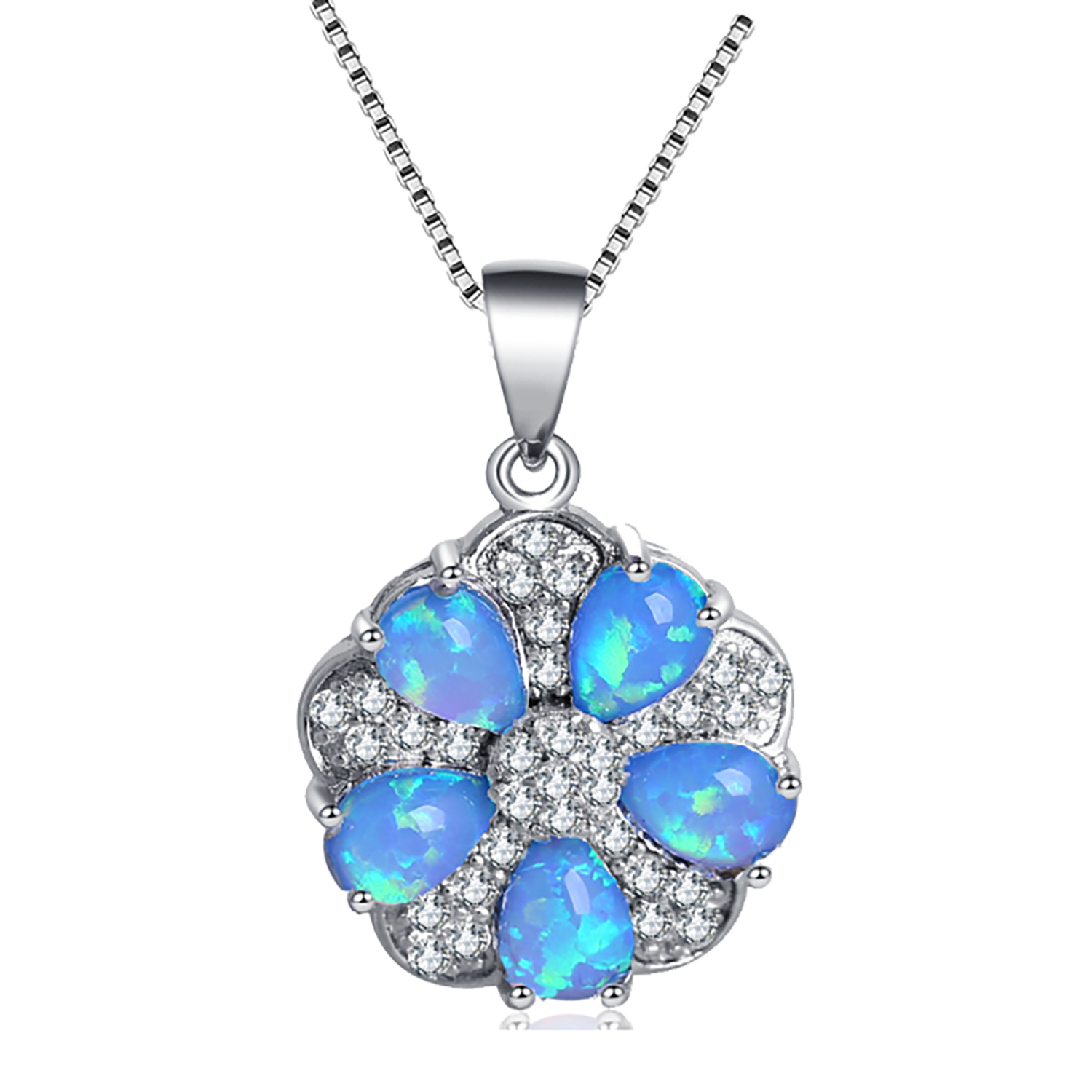 Vintage Floral Pendant Necklace with Blue Opal & CZ Halo,White K Plated Dainty Chain,Elegant Birthday Anniversary Gift for Girls