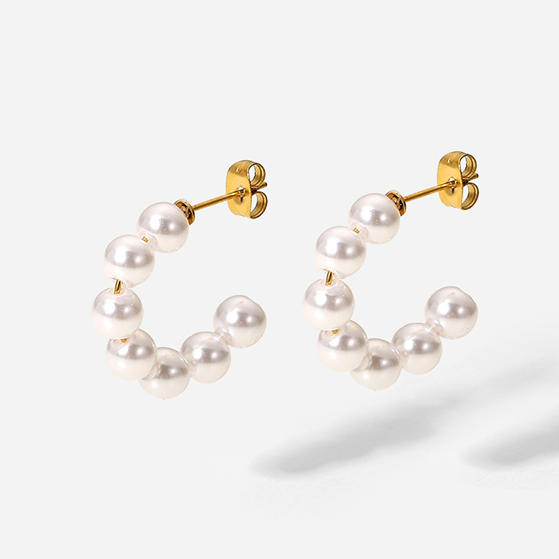 Loe| Gold Pearl Earrings for Women.Stainless Steel C-Shape Jewelry. 1Pair. Small and Delicate. Lady . Classic
