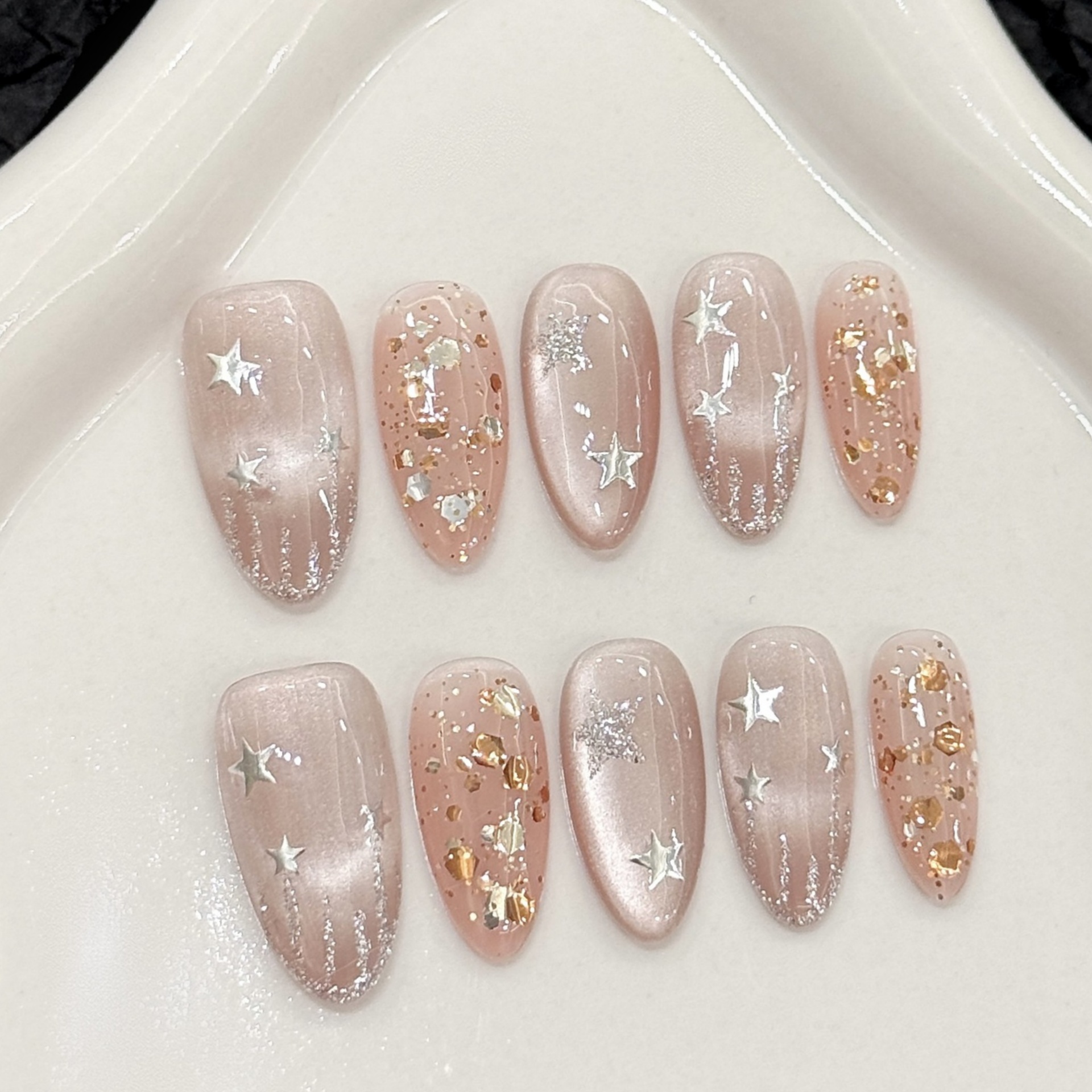 10pcs Baroque Handmade Press On Nails Romantic Cat's Eye Flash Silver Star Gold Foil Designs False Nail Y2k Almond Fake Nails dr. eyemo