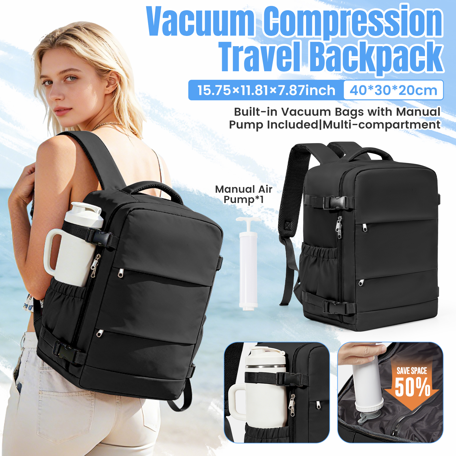 Ryanair 40x20x25 Air Vacuum Compressed Travel Backpack, Business Leisure Laptop Bakpack Travel Bag Vacuum Storage For Clothes