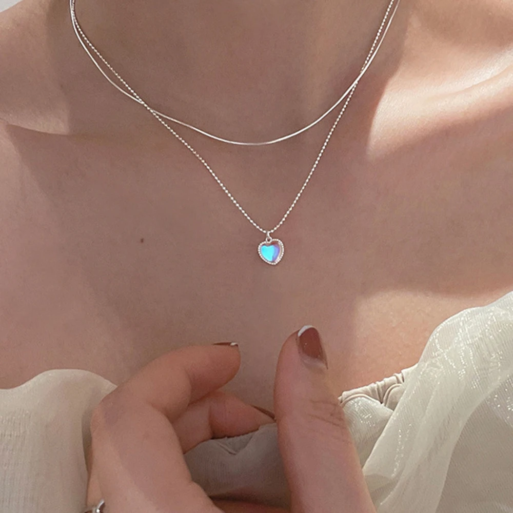 New Korean Heart Choker French Lucky Bean Love Clavicle Chain Simple Double Layer Pendant Necklace for Women Fashion Jewelry