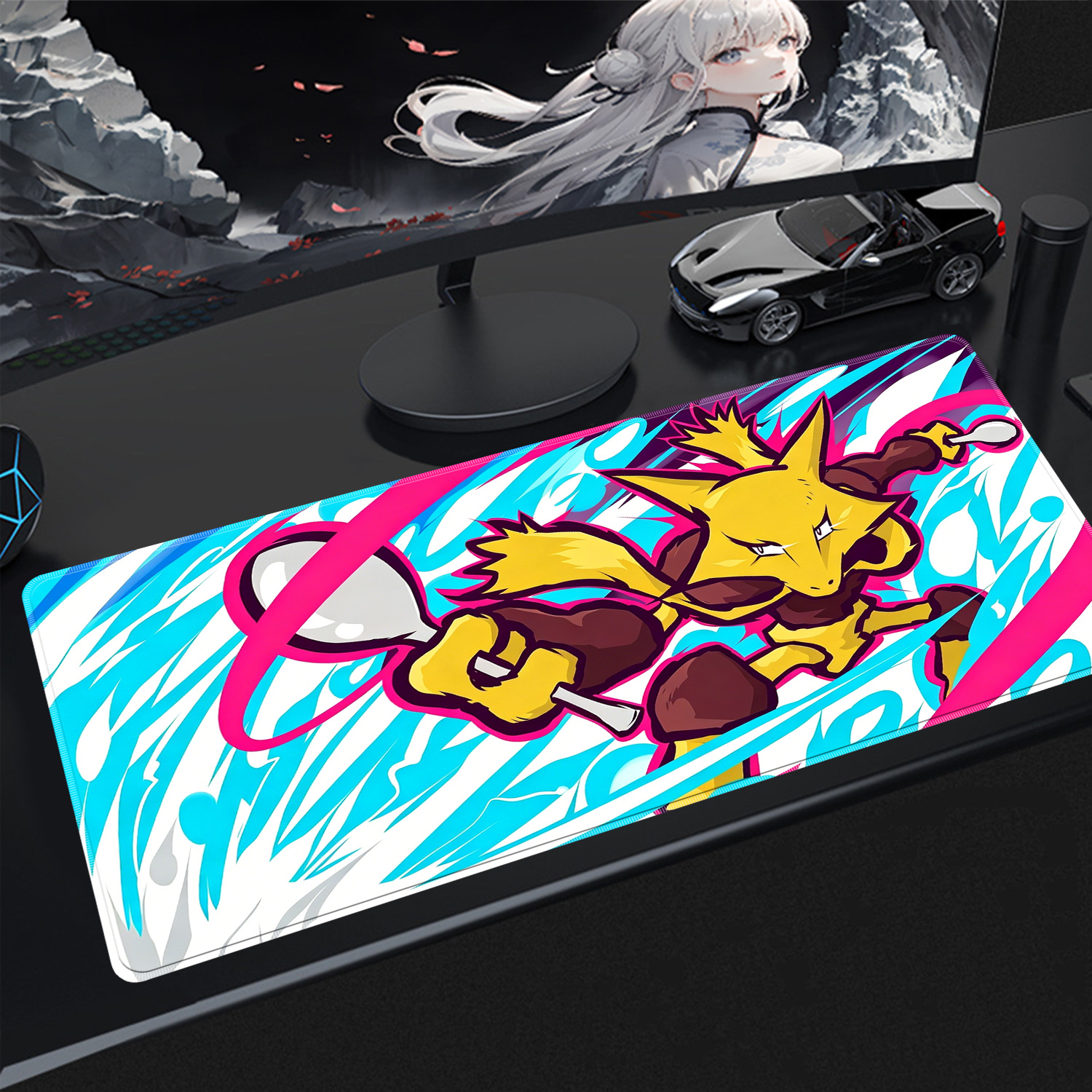 Mouse Pad Large Desk Mat Pokemone Alakazam Anime Playmat Gaming Mouse Pad 60x35 Mousepad Speed Computer and Office Gamer Cabinet