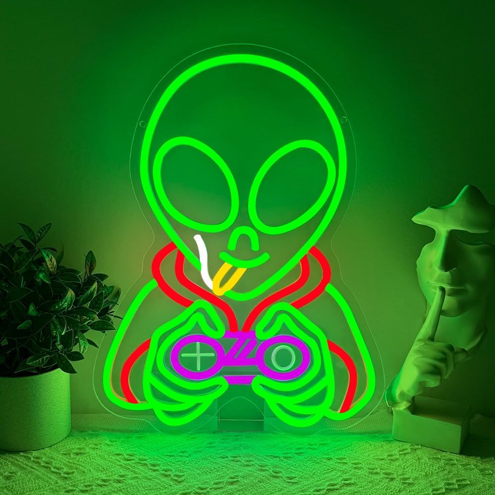 Green Alien Gamr Neon Sign USB Dimmable LED Light for Bar Bedroom Club Party Man Cave Game Room Backdrop Wall Art Decor