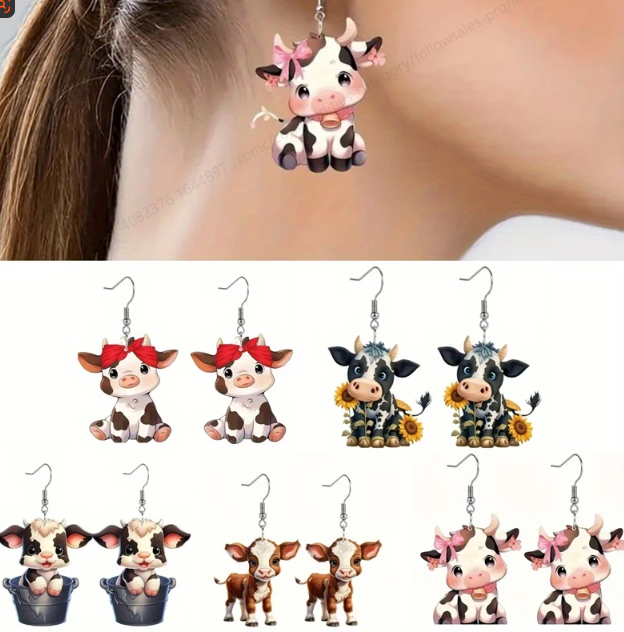 5 pairs of cute animal earrings set, 2D flat acrylic calf pendant earrings set, fashion earrings for animal lovers