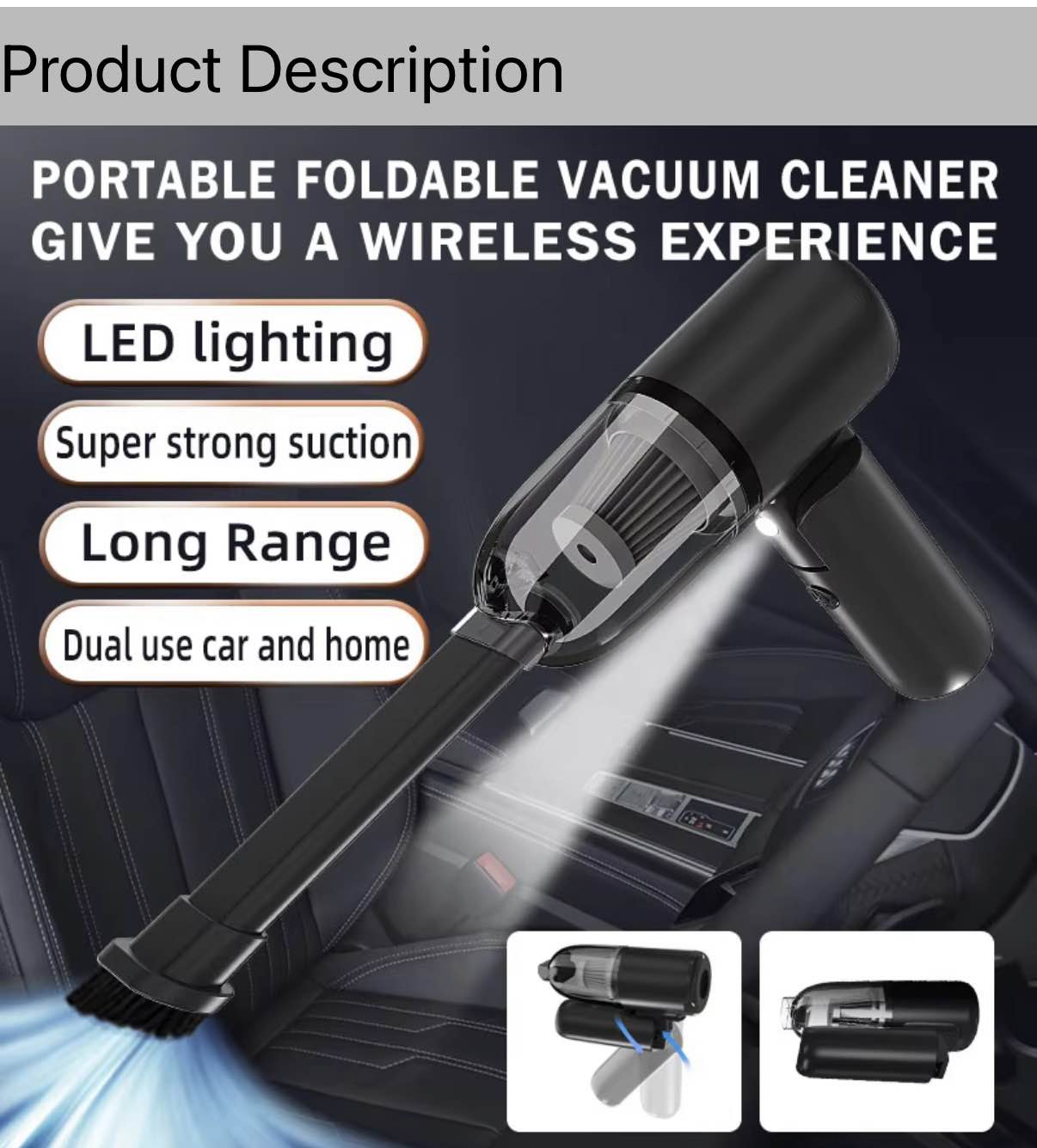 Portable - Foldable Handheld Vacuum Cleaner with Air Blower - Rechargeable Car & Home Cleaner