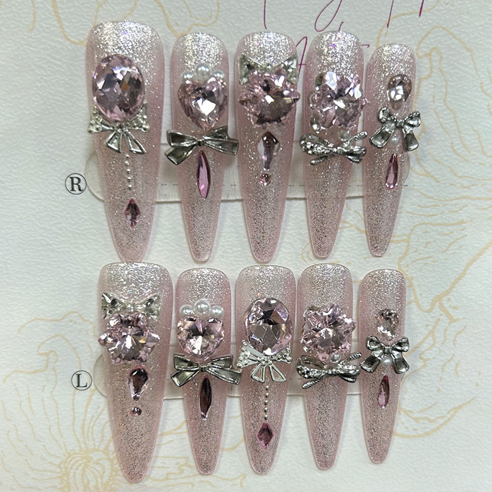 Luxury Pink Cat Eye Glitter Stiletto Handmade Press On Nails Sweet Cool 3D Diamond Pearl Long Tip Nail Art Removable Fake Nails dr. eyemo