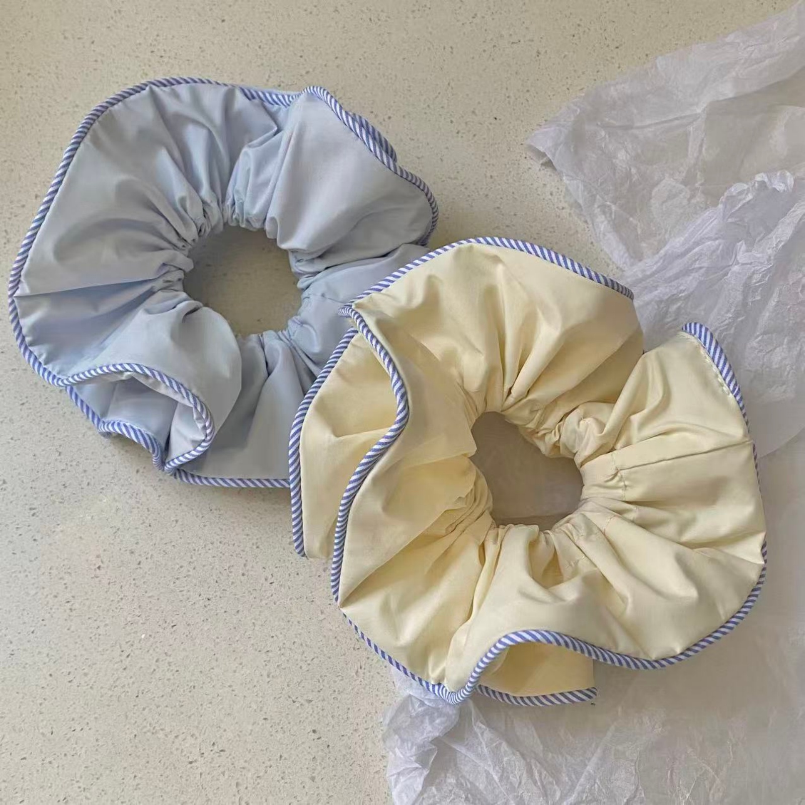 1PC Scrunchies Light Blue & Yellow With Blue Striped Edge, Cute Vintage Hair Accessories For Women Girls, Daily Styling &