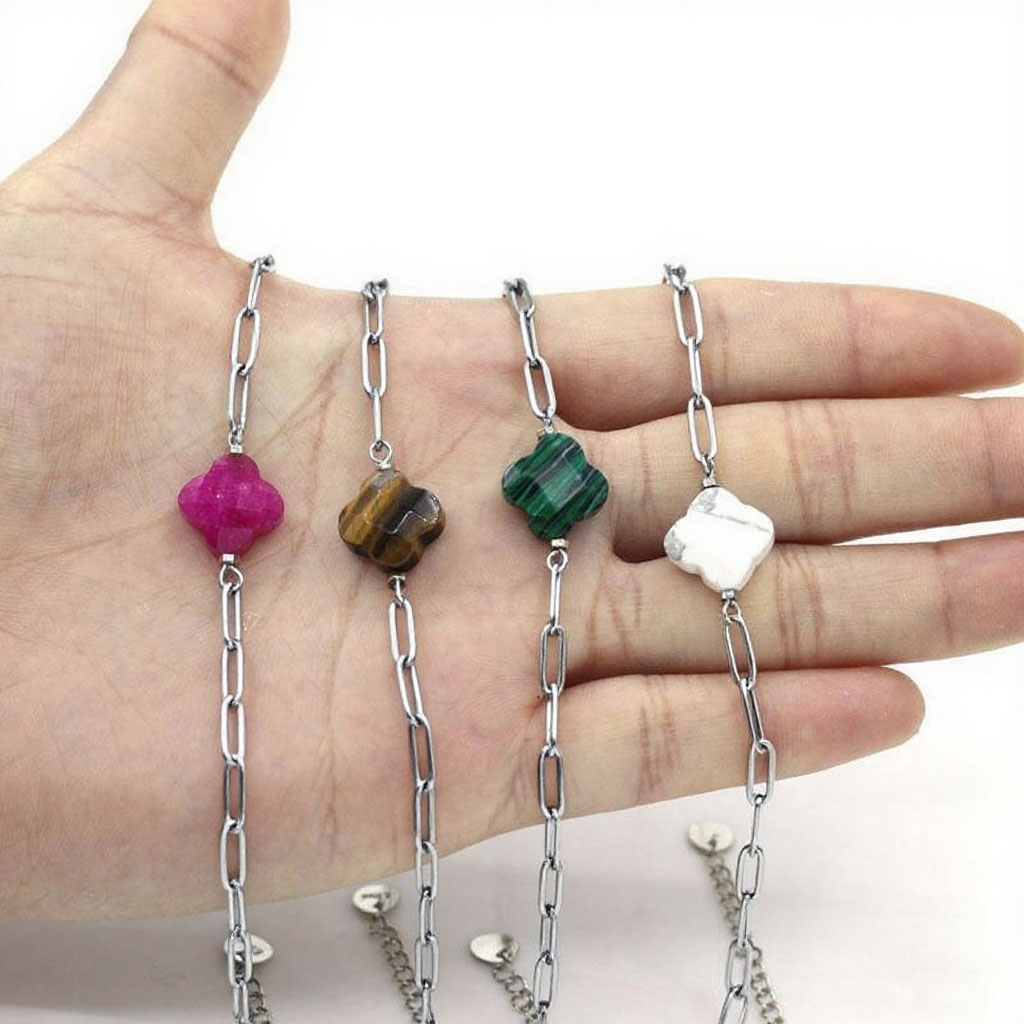 1pc Fashion Jewelry Women's Exquisite Four Leaf Clover Natural Stone Handmade Stainless Steel Bracelet