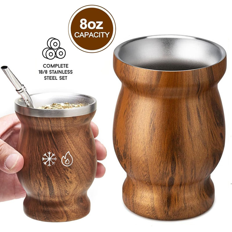 Yerba Mate Gourd Cup 304 Stainless Steel 8oz Mate Cup Double Wall 8oz Argentine Yerba Mate Gourd Cups for Hot and Cold Drinks