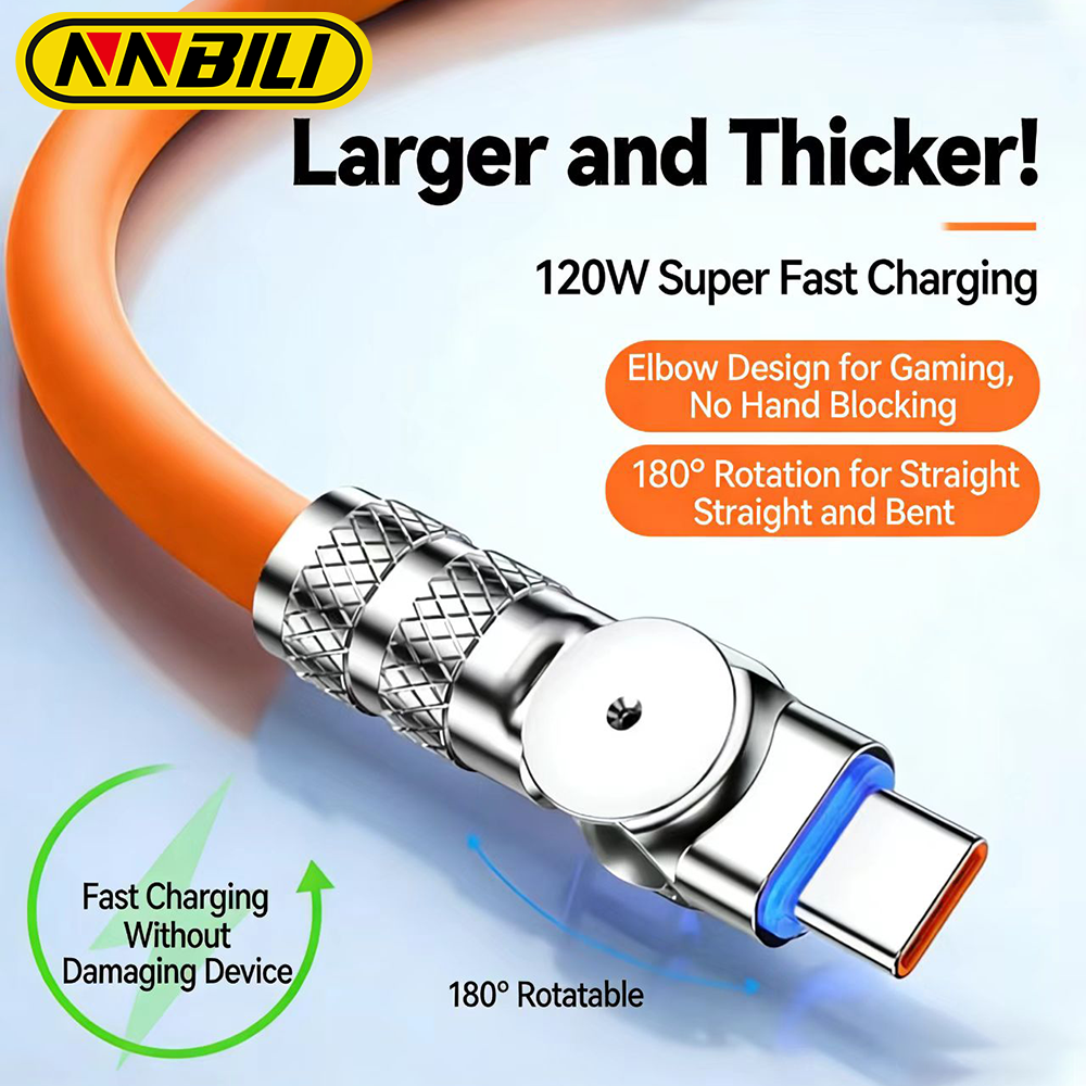 NNBILI 120W Fast Charge USB Type C Cable 180 ° Rotation Elbow Cable for Game for Redmi Phone Charger USB C Cable