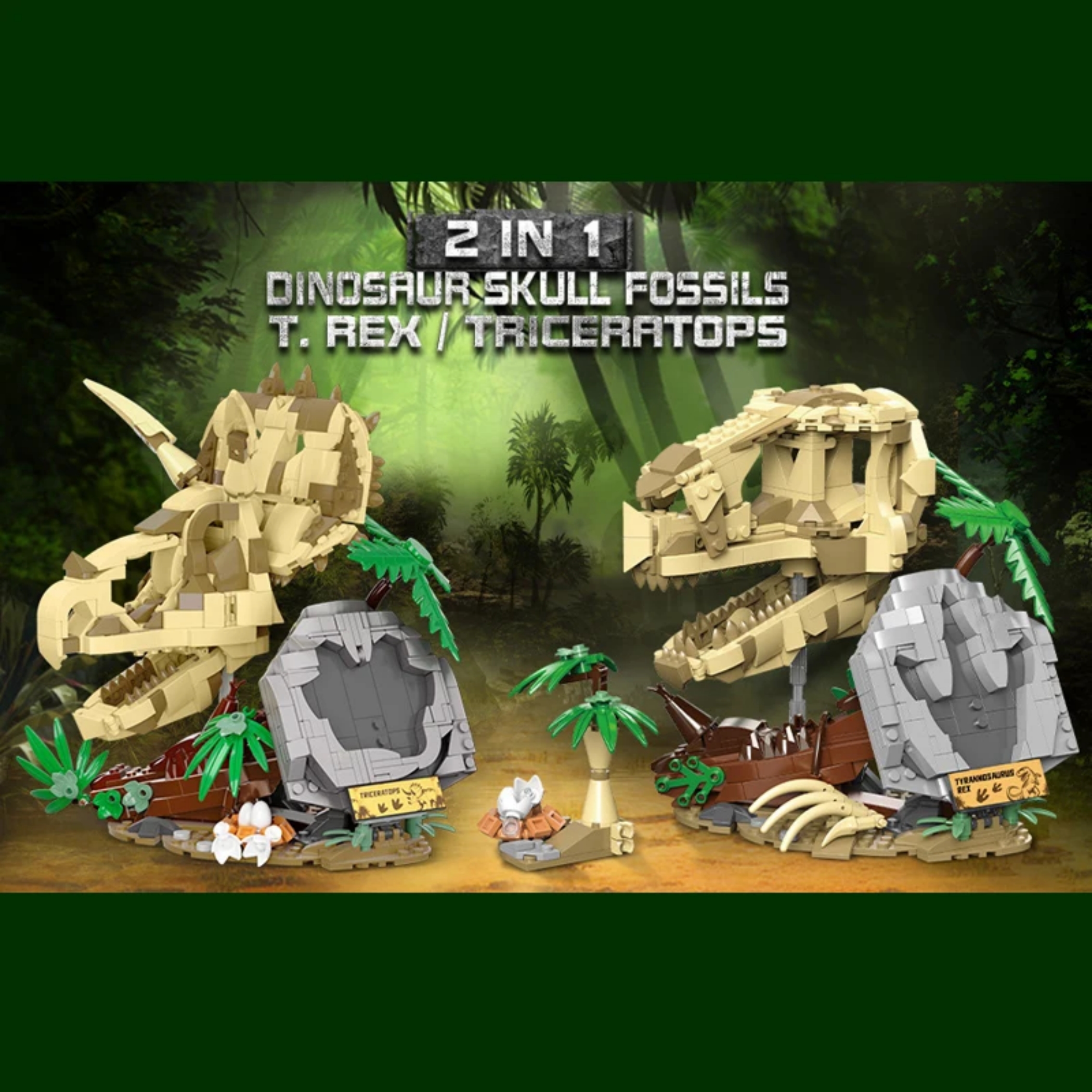 2 in 1 Fossil Dinosaurs Moc Building Blocks Animals Assembly Models Toys for Kids Halloween Christmas Gifts Desktop Decorations