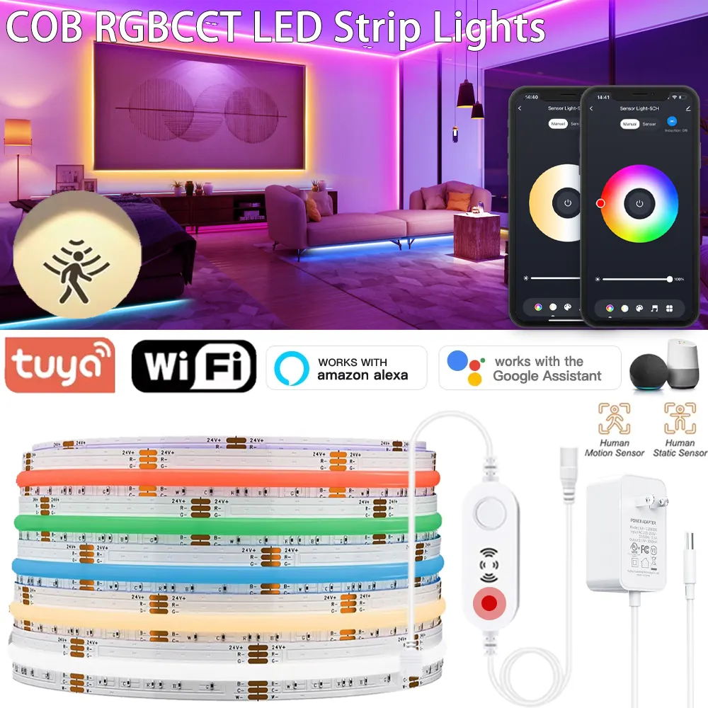 Tuya Wifi PIR Motion Sensor 24V FCOB RGBCCT LED Light Strip RGB Flexible COB Linear Lights High Density Dimmable Bedroom Deco - image 1