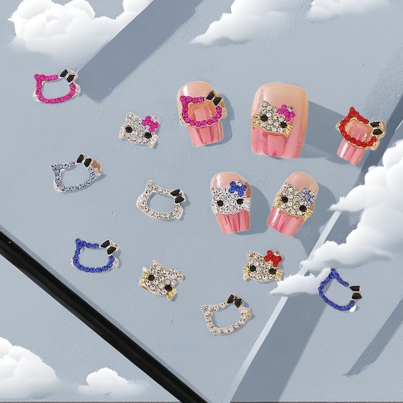 10Pcs New Katie Cat Nail Jewelry with Full Rhinestones gold and silver Hello Kitty Cat Alloy Nail Art Accessories