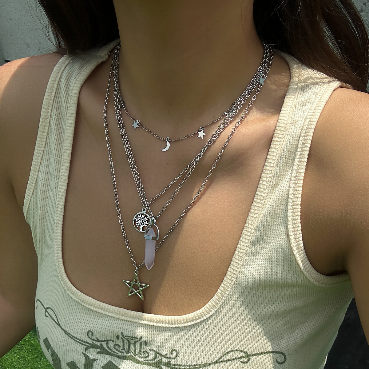 4Pcs Ethnic Pink Crystal Star Pentagram Pendant Choker Necklace for Women Elegant Moon Tassel Chain Party Jewelry Accessories