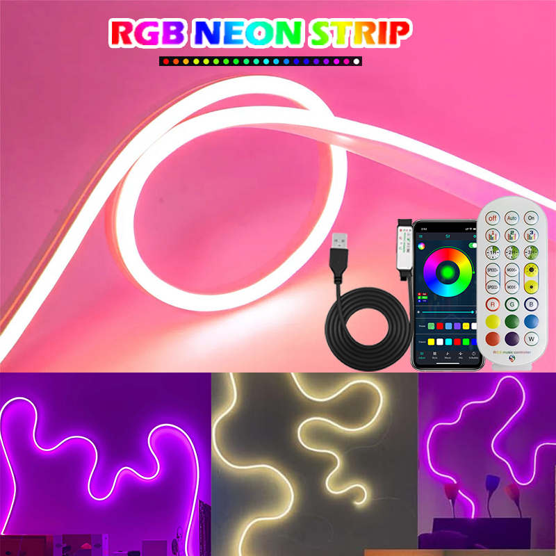 USB 5V RGB Neon LED Strip Lights 5M Bluetooth Smart Control Flexible Tape for Ambient Lighting