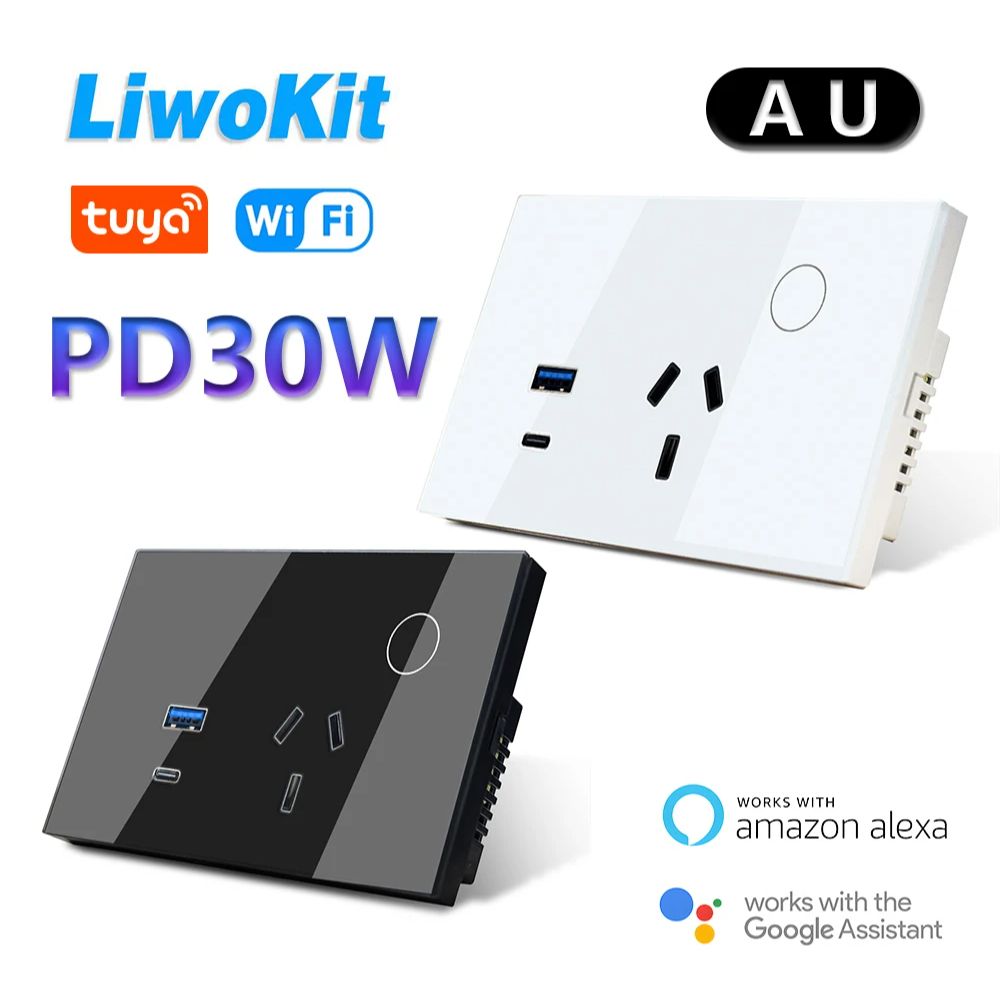 LiwoKit AU Tuya Wifi Wall Socket Smart WIFI Plug USB TYPE-C PD 30W Argentina Outlet Power Touch Remote by Alexa Home