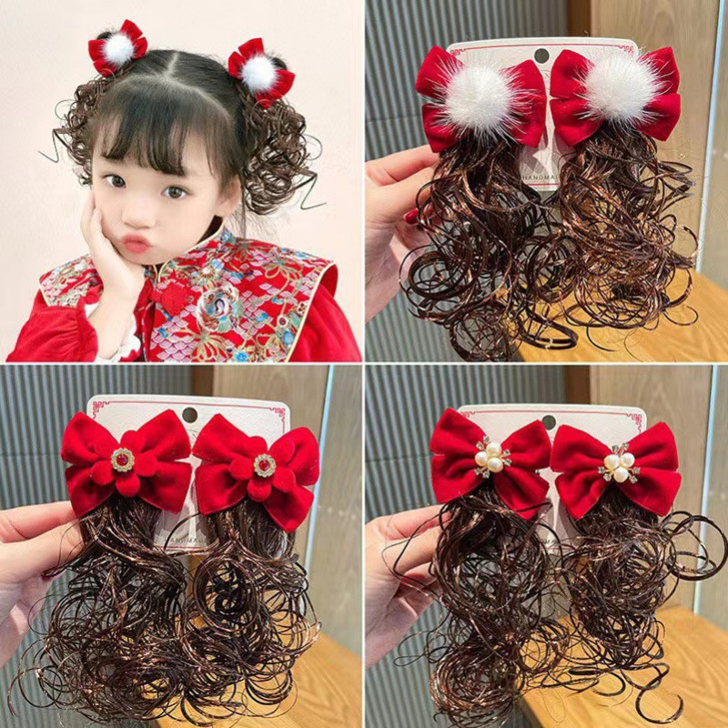 2Pcs Red Bow Wig Hairpins for Baby Girls Sweet Toddler Princess Hair Clips Cute New Year Hairpin Headwear Kids Hair Accesso ZY02