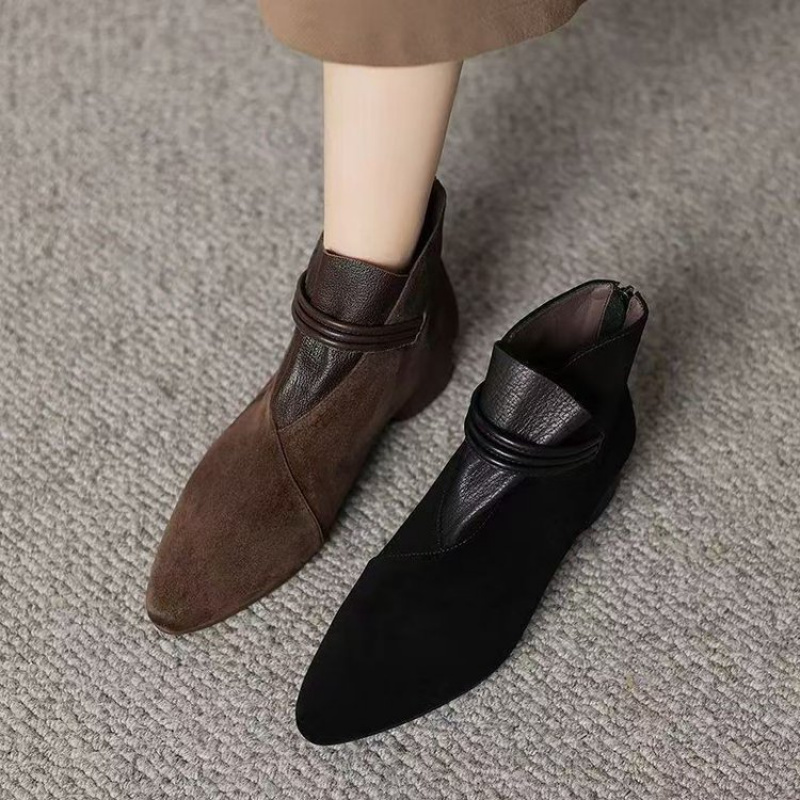 2025 New Women's Retro Square Toe Suede Ankle Boots - Metal Toe Back Zipper Chunky Heel Boots Design Autumn Winter