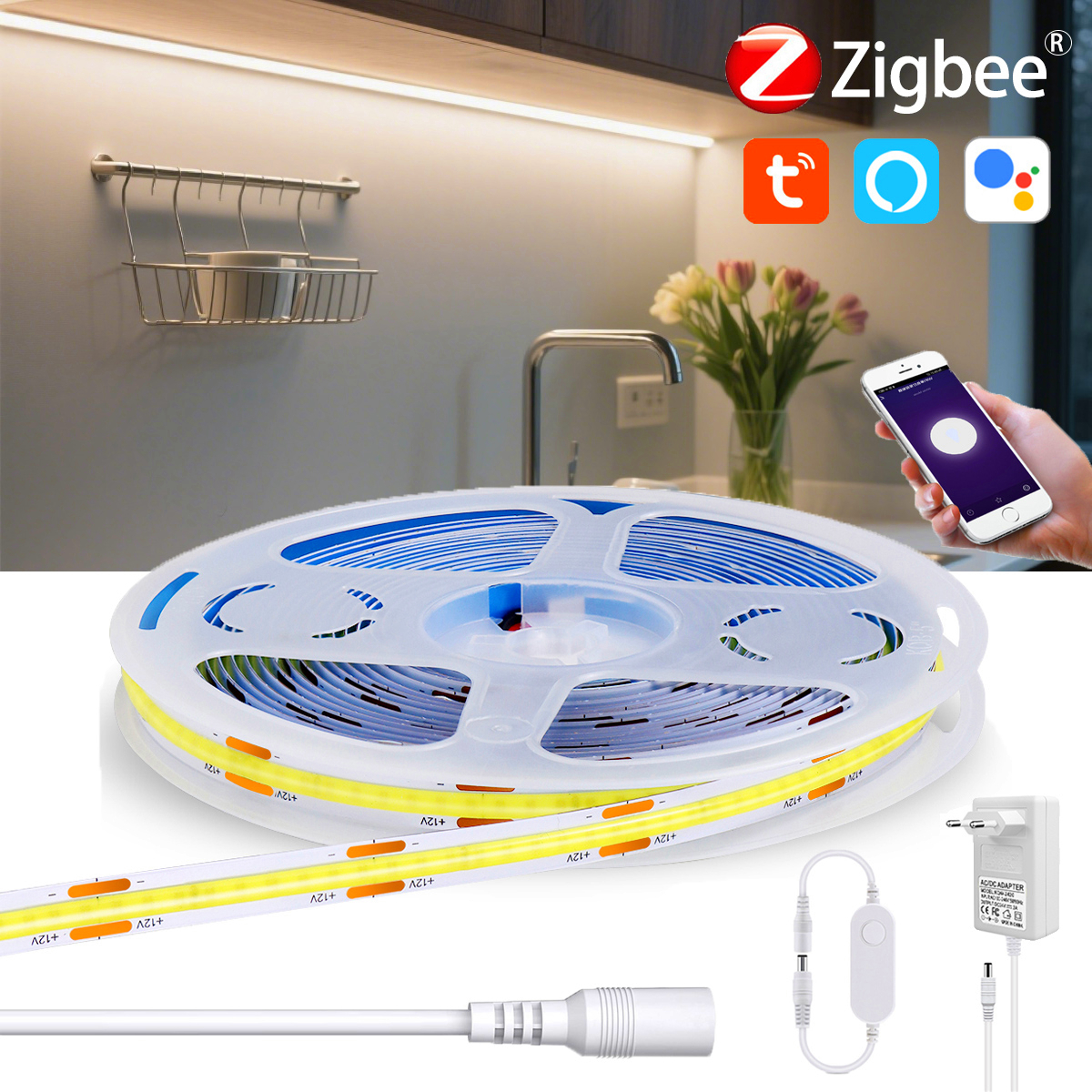 1M-5M Zigbee COB CCT LED Strip Light 24V Double Color Flexible Dimmable Cupboard Wardrobe Decor Lamp for Alexa Assistant