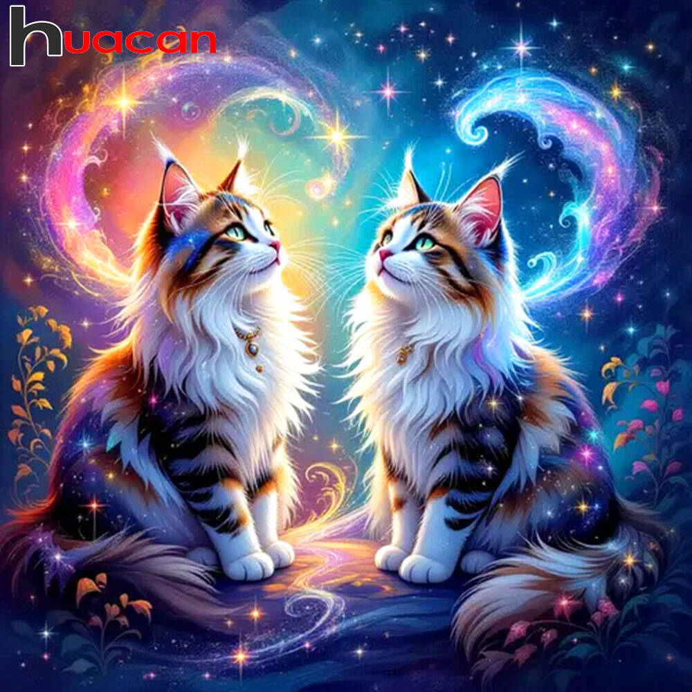 Huacan Diamond Painting Cat Diamond Mosaic Starry Sky Animal New Collection 2025 Handmade