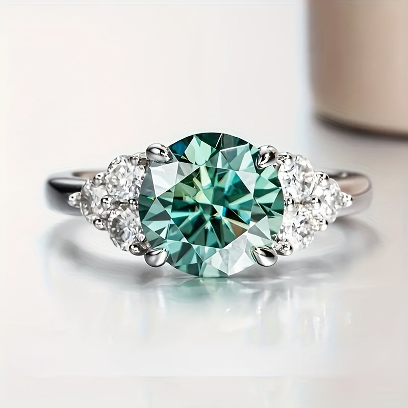 1Pc 3ct Round Cut Blue Green Color Zirconia Engagement Ring Silver Luxury Wedding Ring Jewelry Wholesale