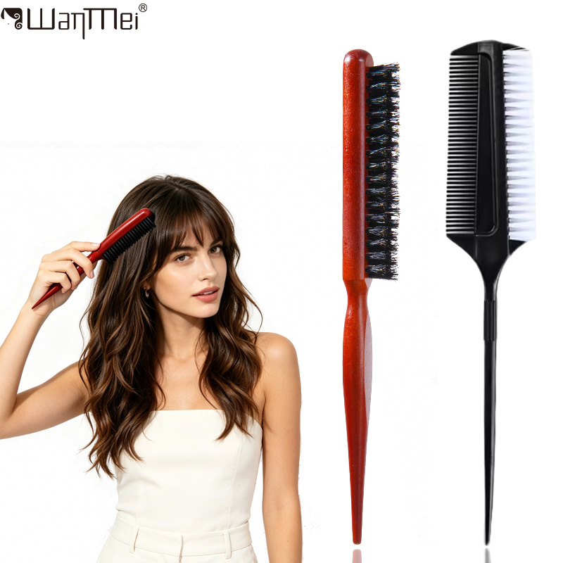 2Pcs Professional Hair Styling Brush Set Boar Bristle Teasing Brush Double-Sided Edge Control Comb Detangling Salon Hairstyling