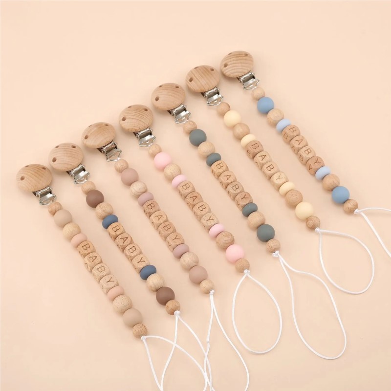 Baby Pacifier Chain Clips Wood Pentagram Teether Silicone Round Beads Teething Chain For Care Soother Chew Toys pen gpt