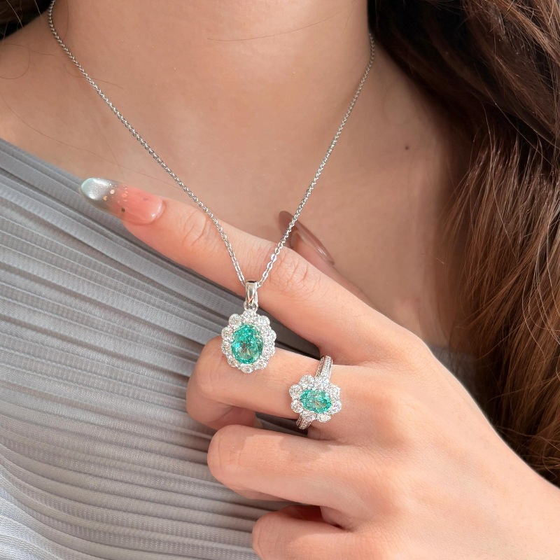 Retro and Romantic Paraiba jewelry sets fashion sunflower full diamond ring necklace luxurious elegant